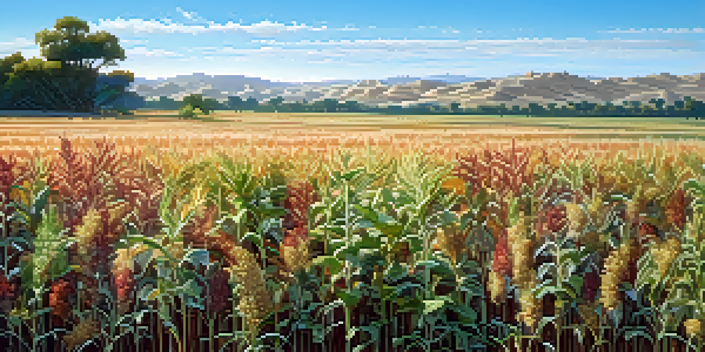 A colorful field of drought-resistant crops like quinoa and amaranth, with native grasses and legumes under a sunny sky.