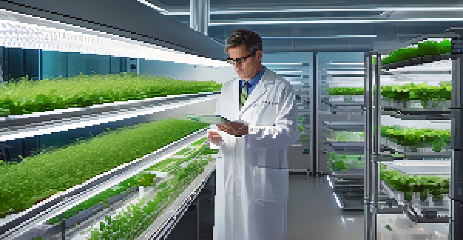 A scientist examining plant samples in a modern vertical farming laboratory, with high-tech equipment and plants visible in the background.
