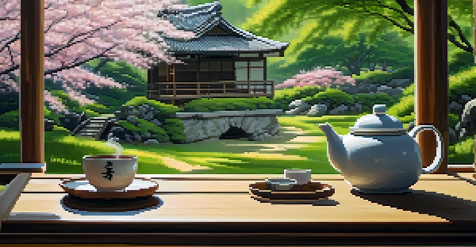 A peaceful Japanese tea garden in summer with bamboo, a wooden tea house, and a table set with barley tea, cherry blossoms, and sunlight.