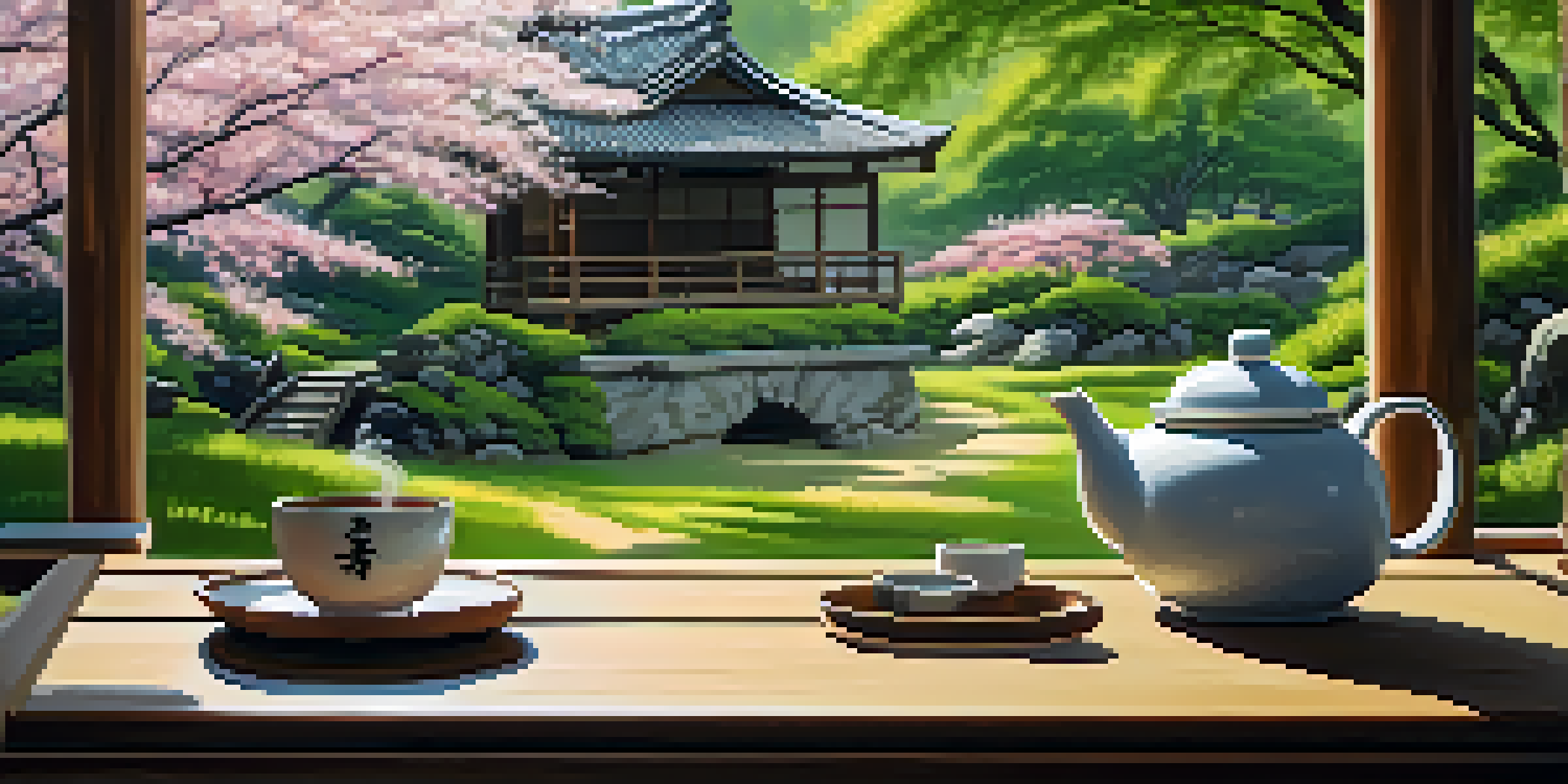 A peaceful Japanese tea garden in summer with bamboo, a wooden tea house, and a table set with barley tea, cherry blossoms, and sunlight.