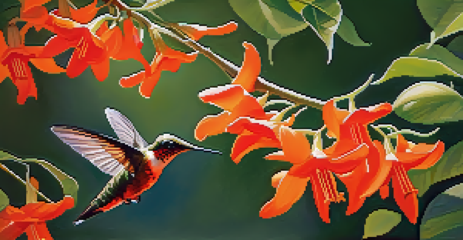 Close-up of orange-red trumpet vine flowers with a hummingbird hovering nearby in soft sunlight.
