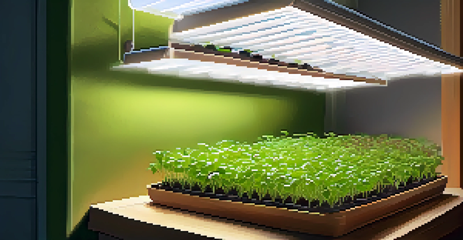 A cozy room with seed trays under grow lights filled with young green seedlings and wooden shelves.