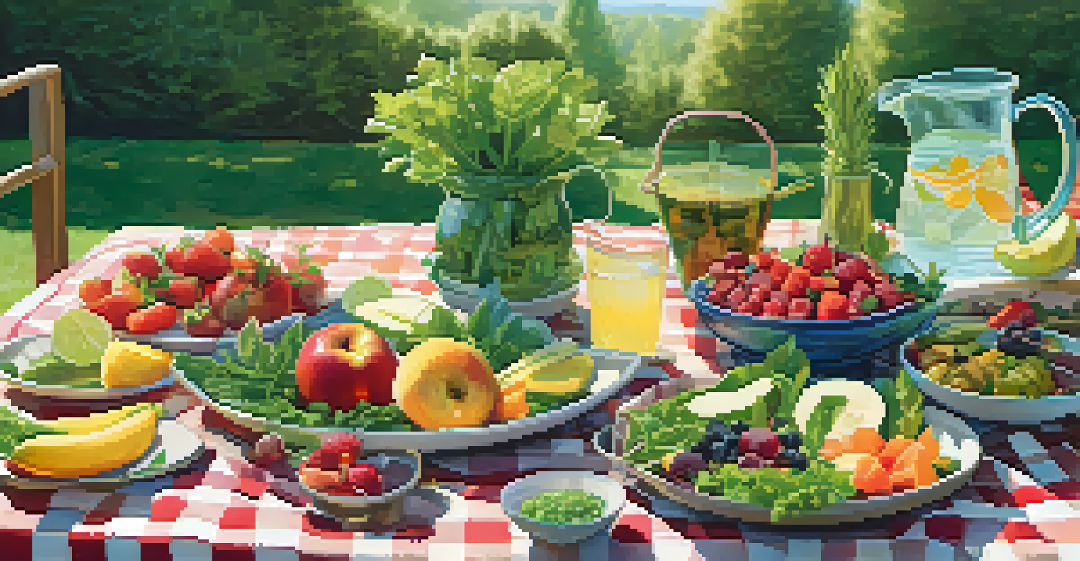 An outdoor picnic with colorful plant-based dishes on a checkered blanket, set in a sunny green environment.