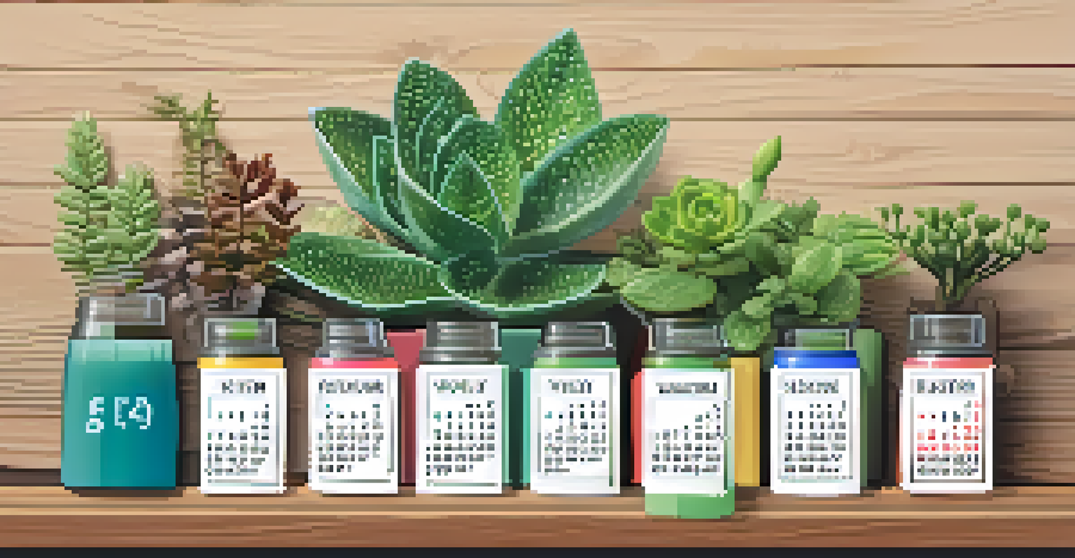 A watering calendar on a wooden table with colorful markers, alongside various plants showing different watering needs.