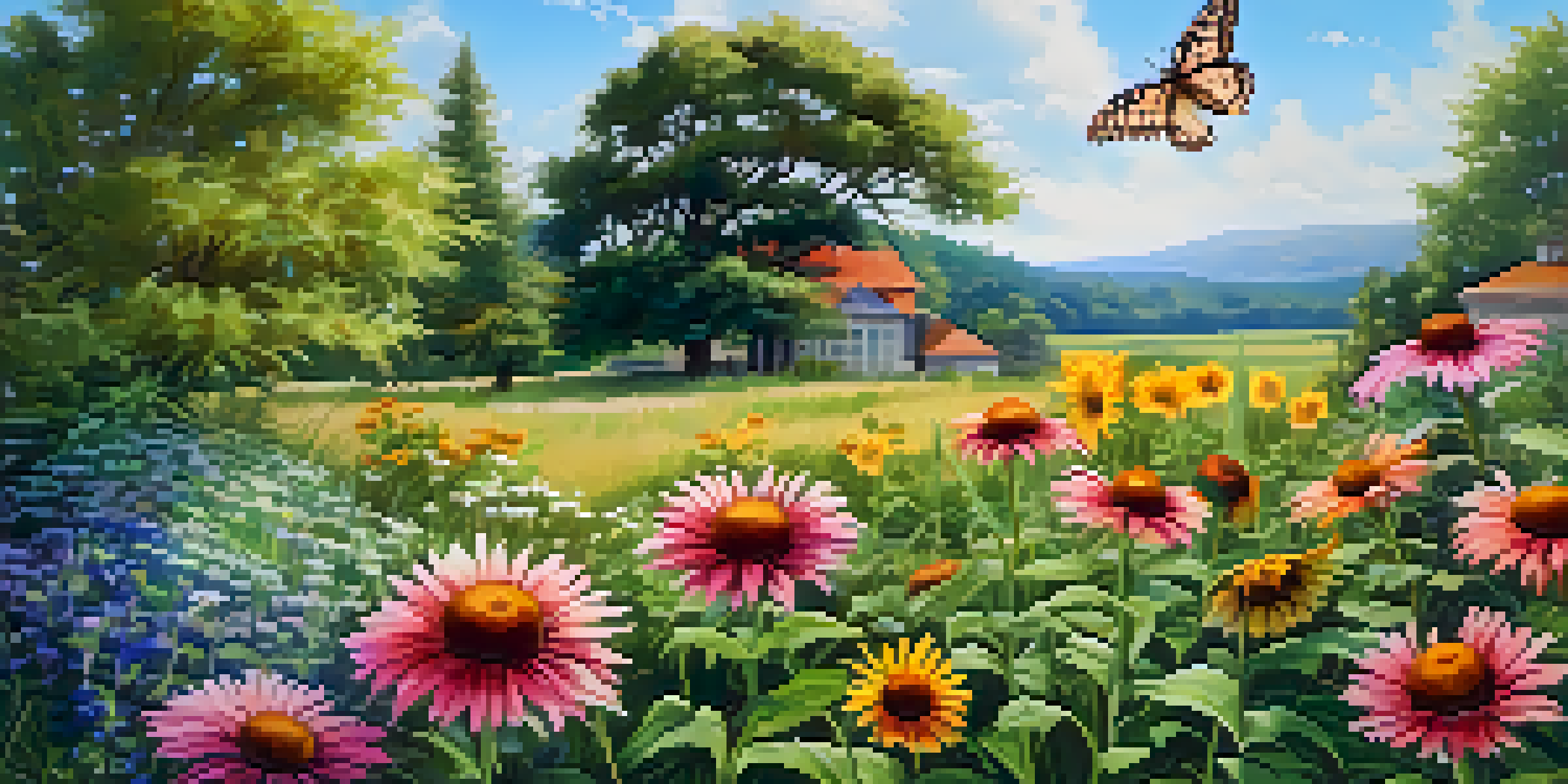 A colorful native plant garden with echinacea and sunflowers, warm sunlight, butterflies, and a bird in a clear blue sky.