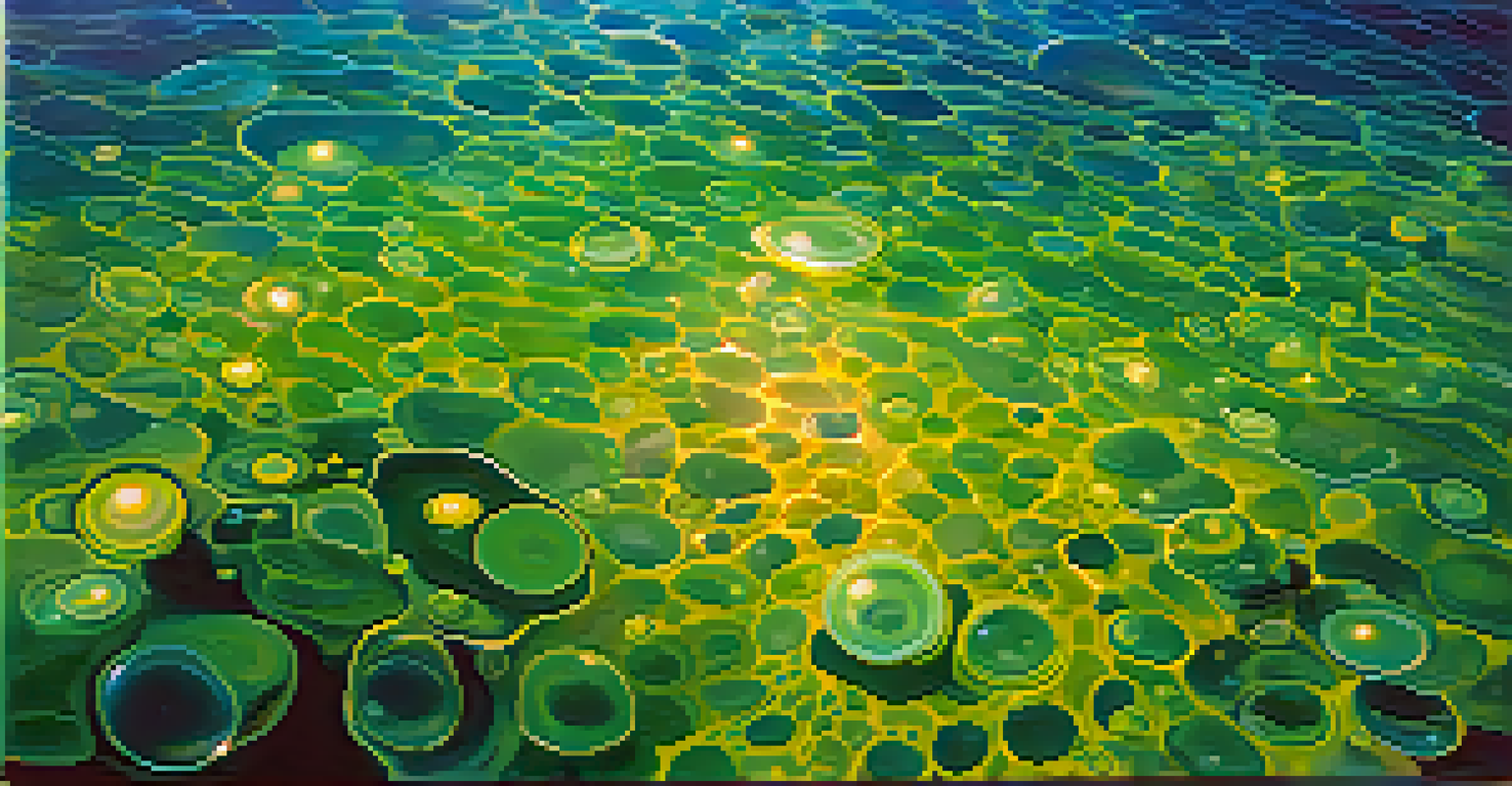 Close-up of phytoplankton in clear ocean water, illuminated by sunlight.