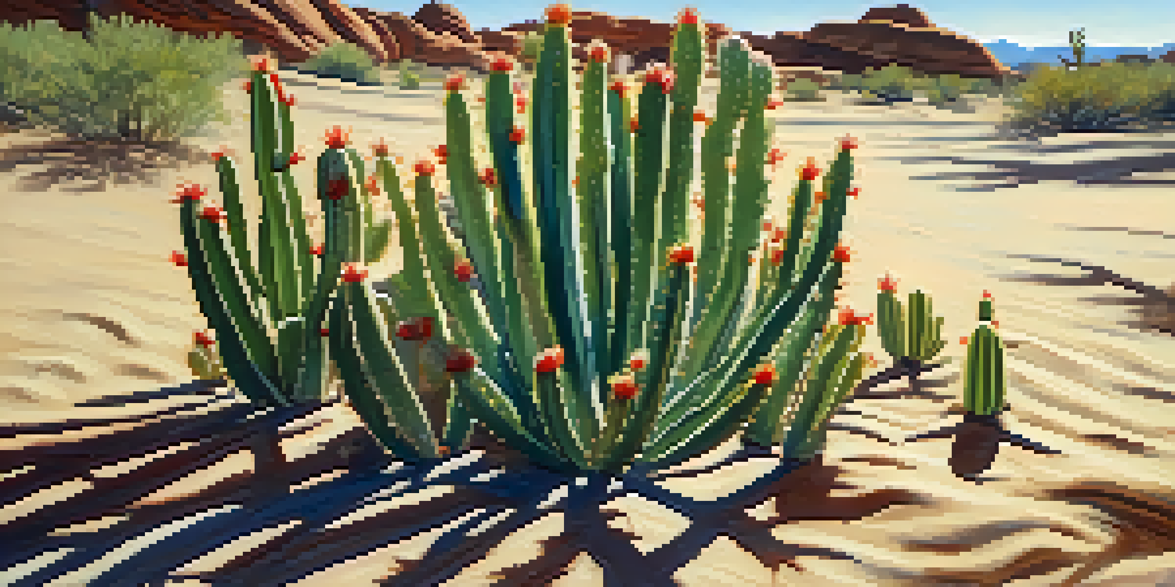 A close-up of a green cactus with sharp thorns in a desert setting, with sunlight creating shadows on the ground and a blue sky above.