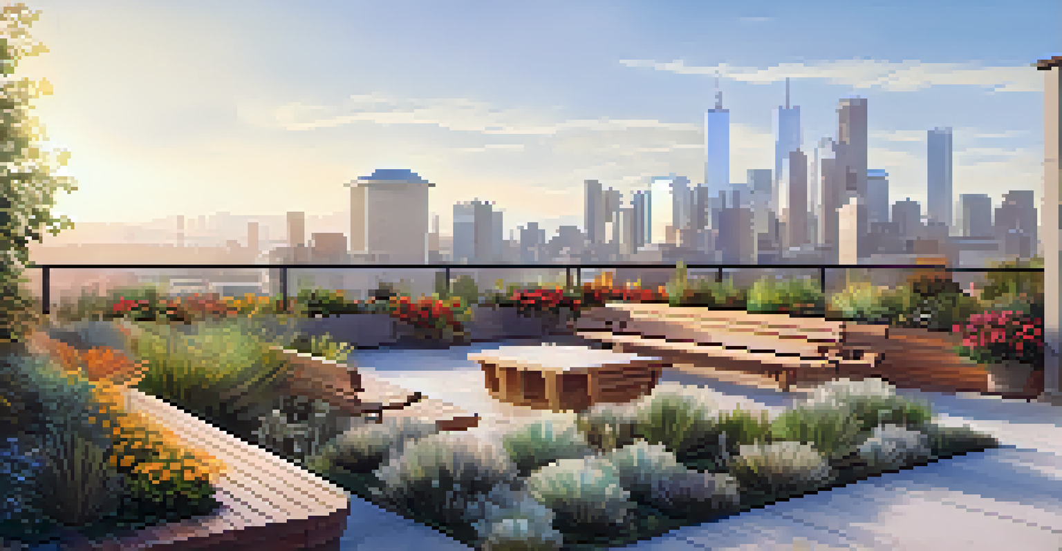 A rooftop garden with drought-resistant plants and seating areas, overlooking a city skyline under warm sunlight.