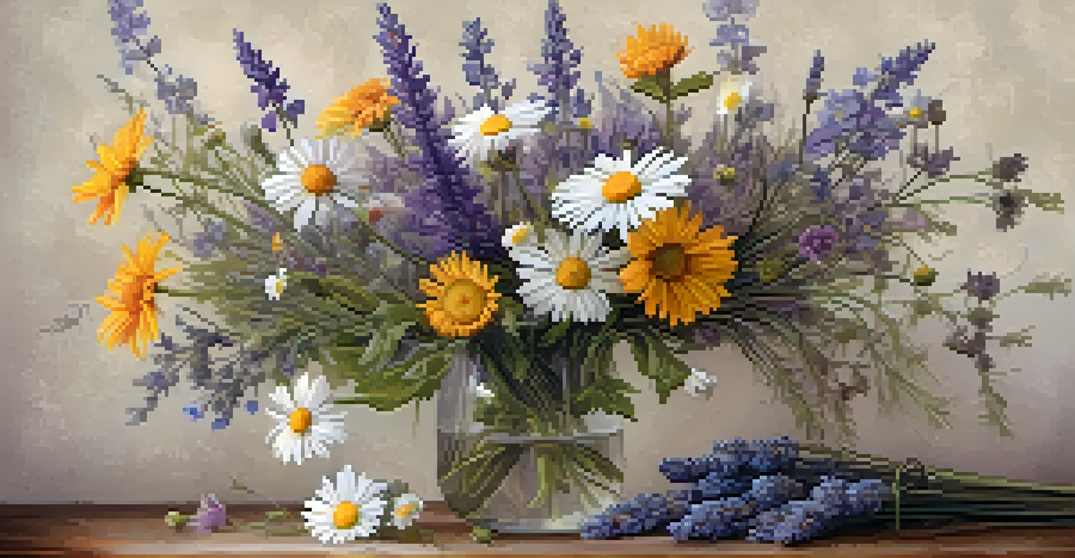 A vintage-style illustration of wildflowers including daisies and lavender, showcasing their colors and details on a parchment background.