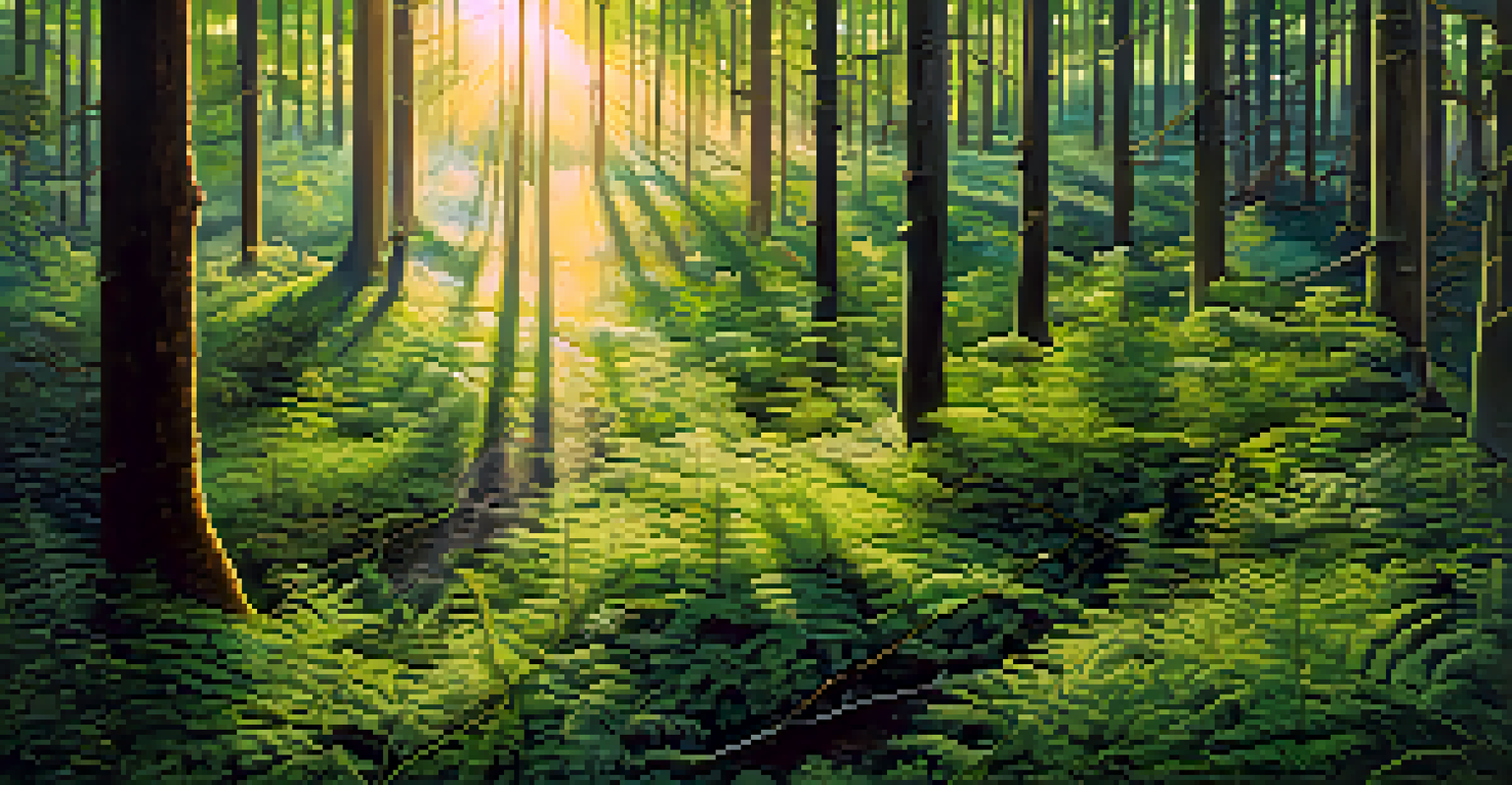 Aerial view of a forest with colorful trails representing chemical signals between trees.