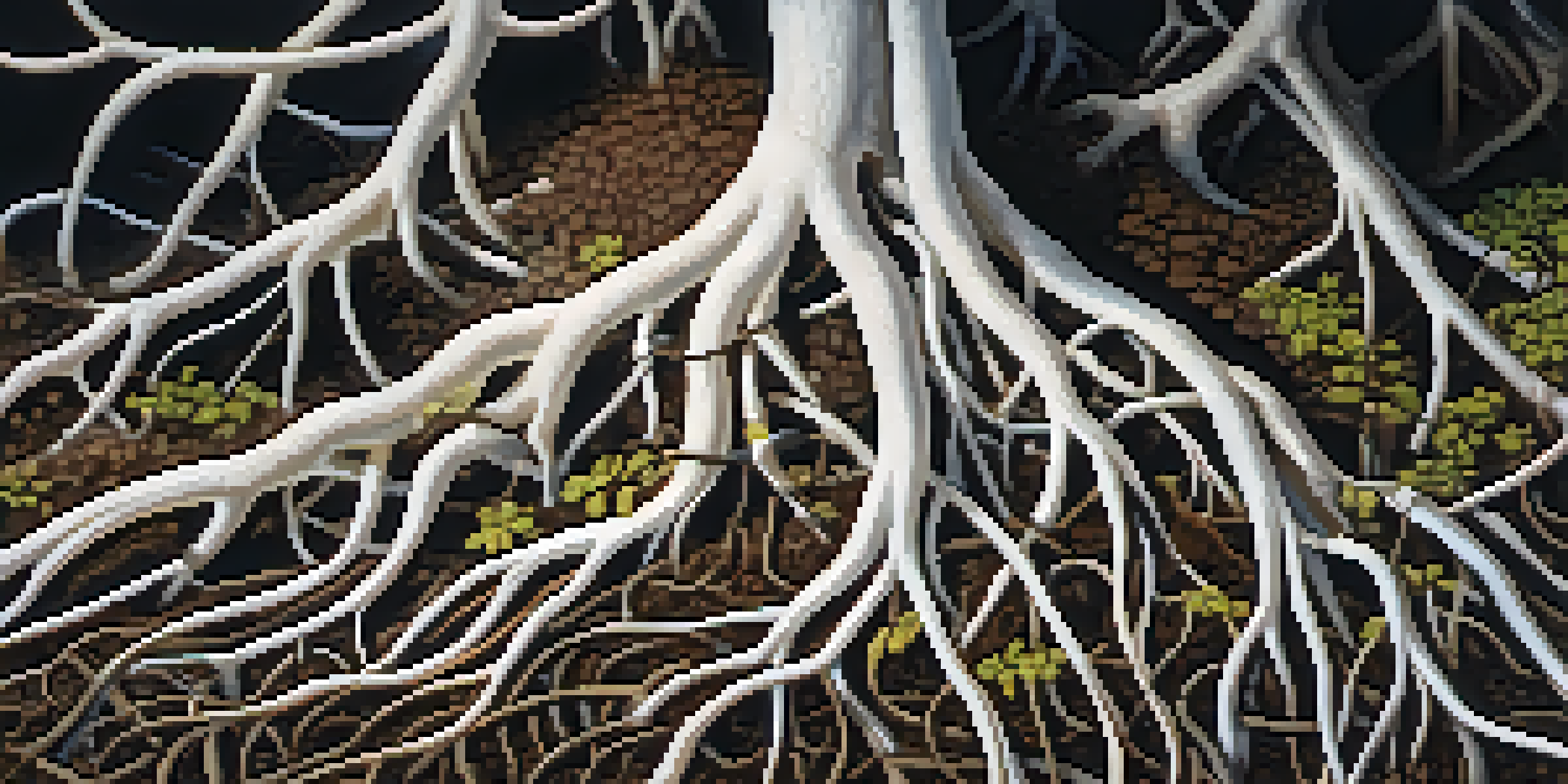 A detailed close-up of plant roots with white mycorrhizal fungi intertwined in dark soil, illuminated by sunlight.