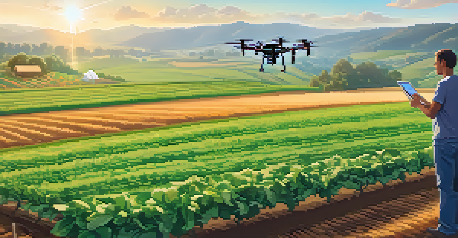 A drone monitoring crops while a farmer analyzes data on a tablet, showcasing technological innovation in agriculture.