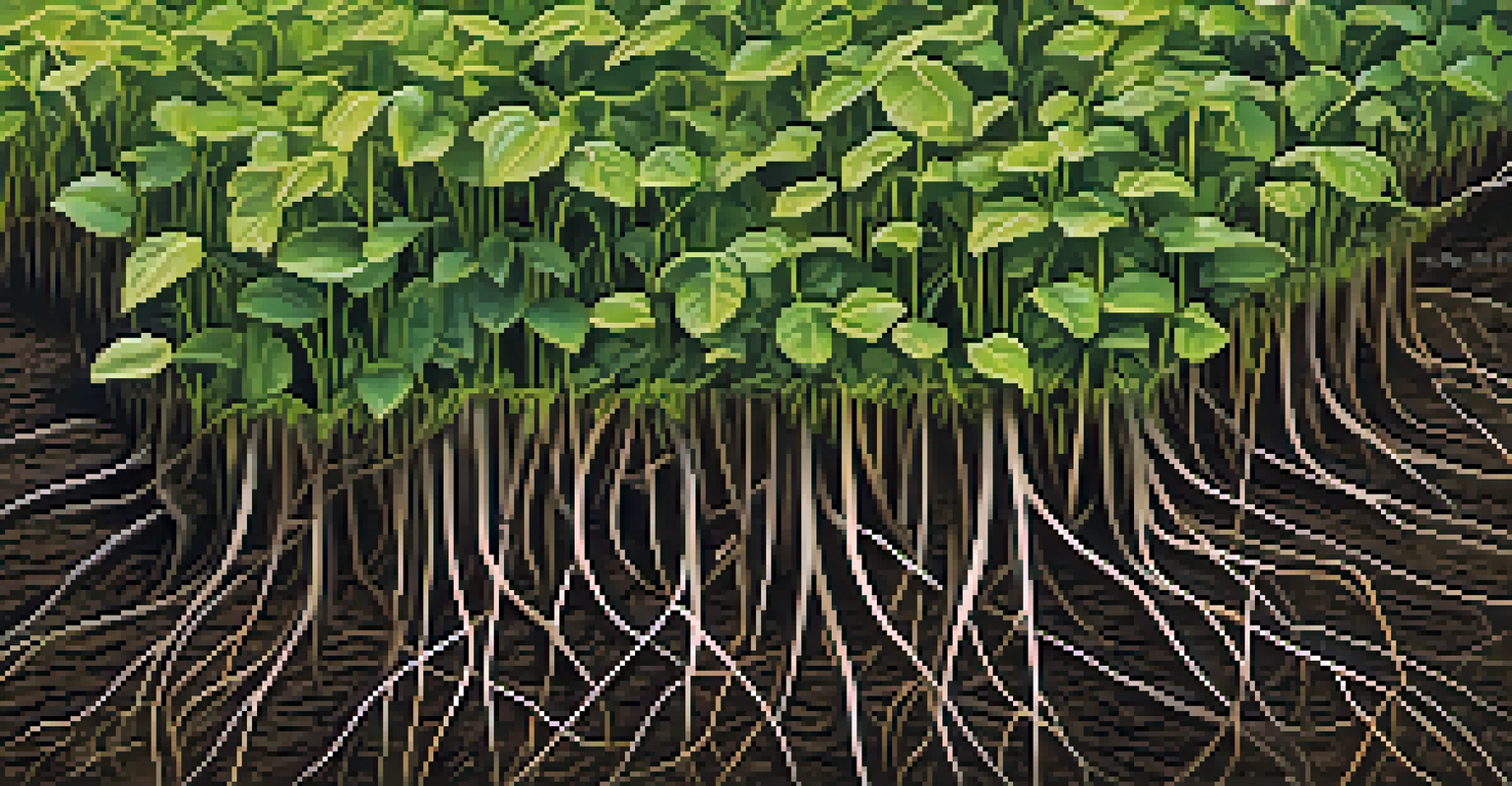 Close-up of healthy cover crop roots in rich soil, illustrating the connection between soil structure and plant health.