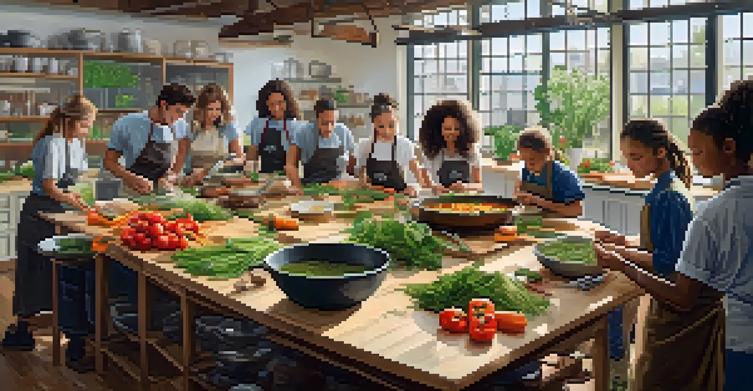 Students in a classroom cooking plant-based dishes together, surrounded by fresh vegetables and herbs, in a bright and inviting environment.