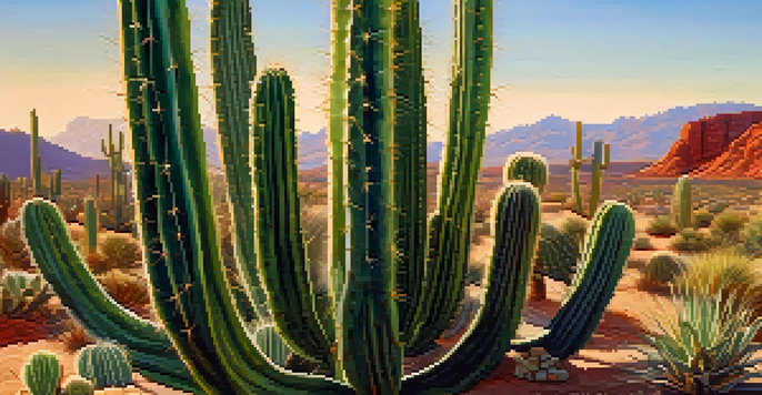 A close-up of a green cactus with spines, illuminated by sunlight in a desert setting.