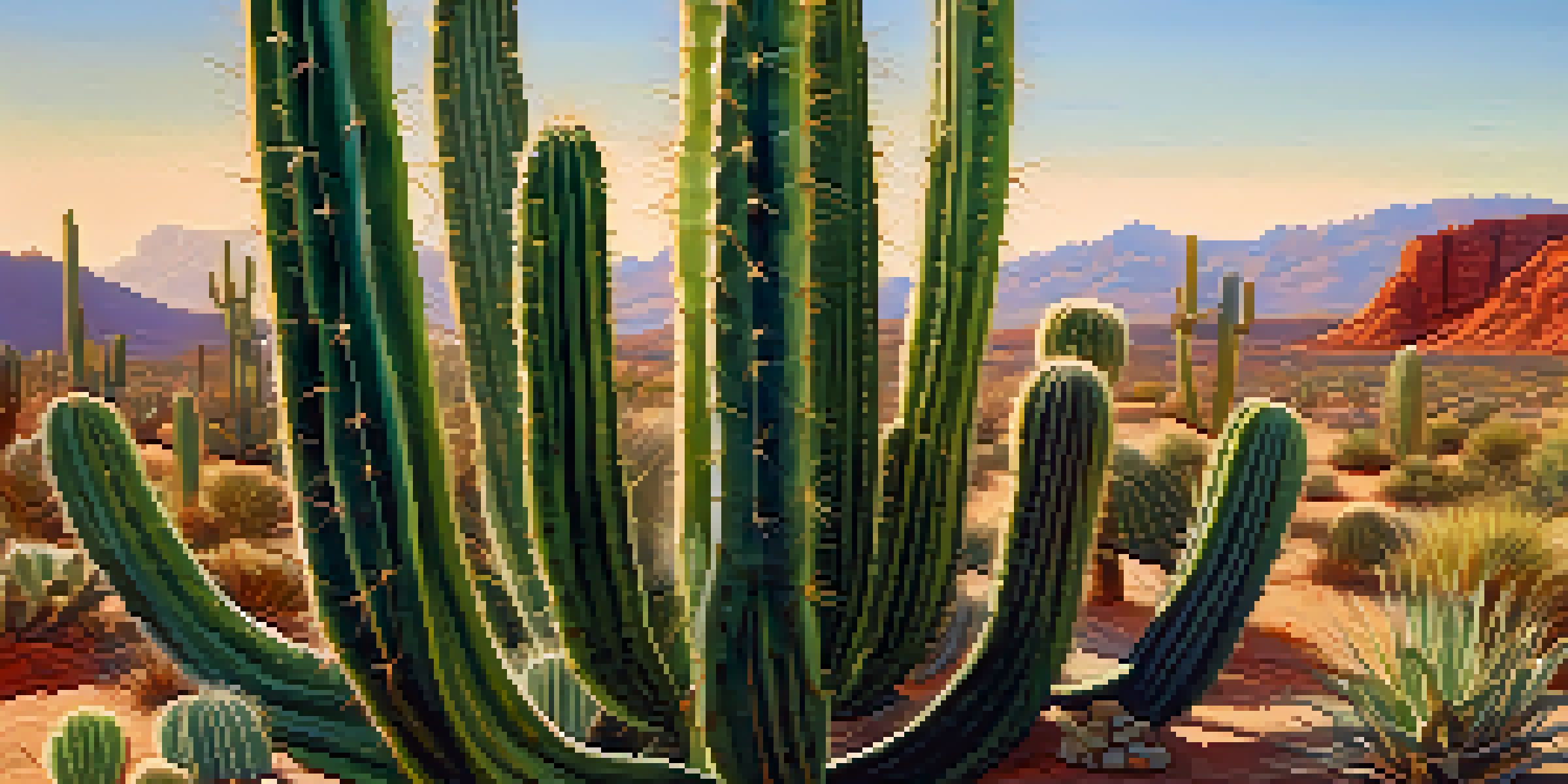 A close-up of a green cactus with spines, illuminated by sunlight in a desert setting.