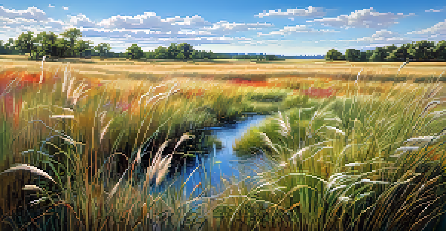 A vibrant grassland with perennial grasses and colorful wildflowers under a bright blue sky and fluffy clouds.