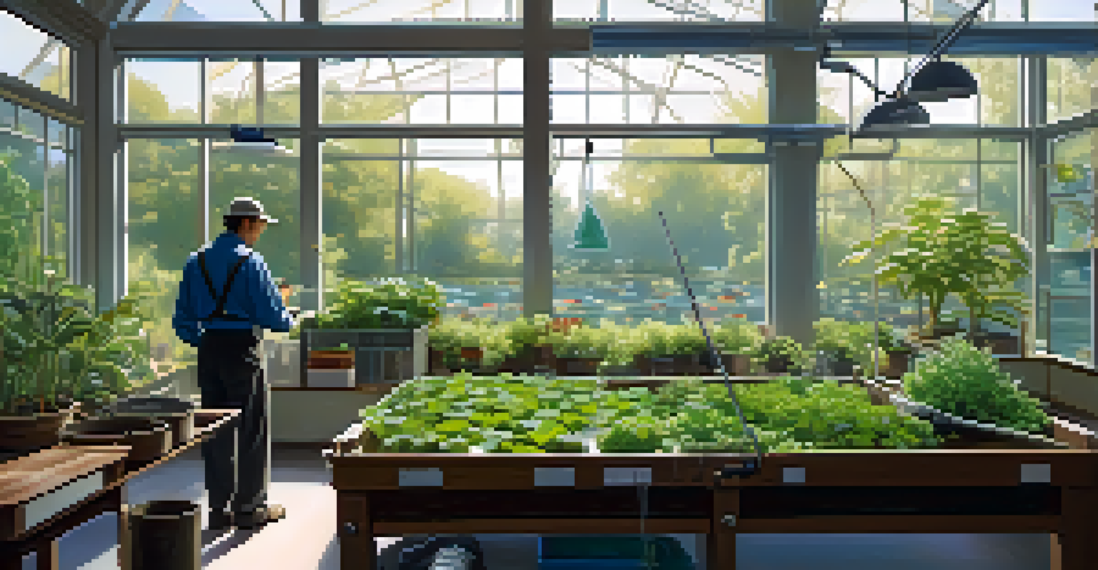 A gardener examining an aquaponics system, surrounded by flourishing plants and fish in soft afternoon light.