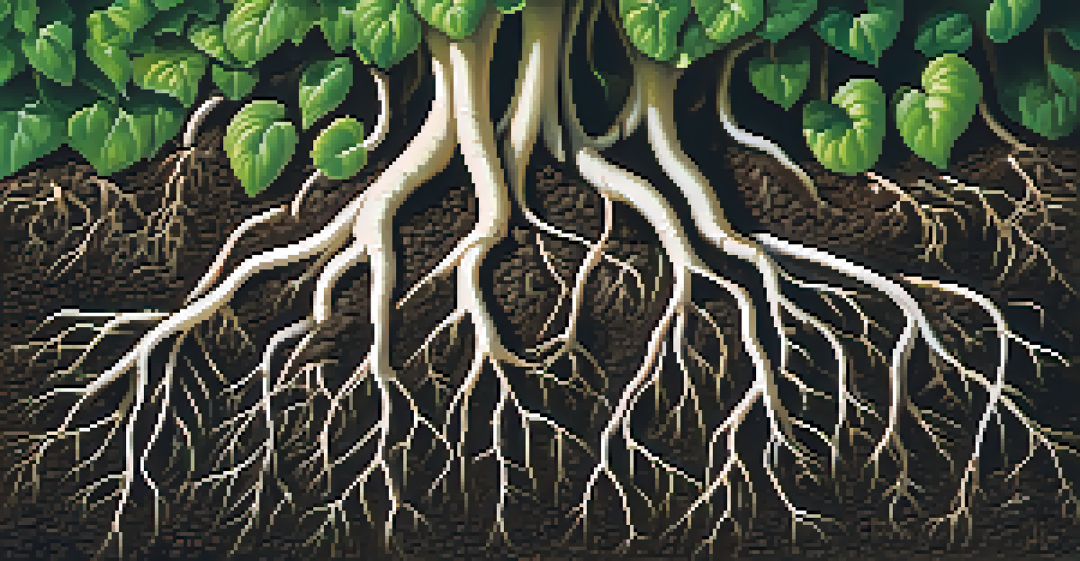 A close-up of healthy plant roots in rich soil, showcasing their strength and nutrient absorption.