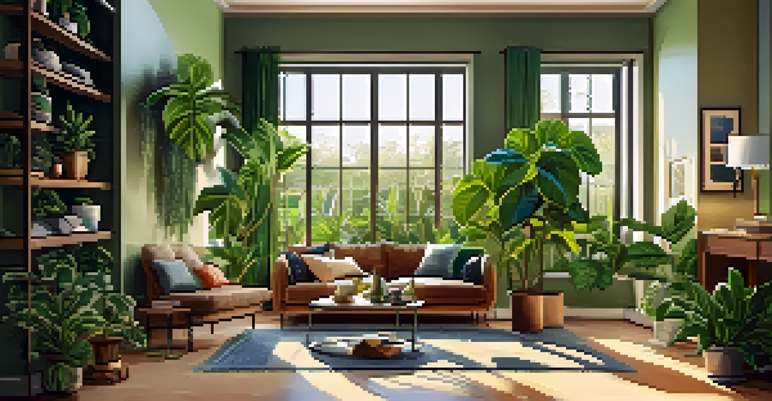 A living room corner filled with various indoor plants, illuminated by warm sunlight streaming through a window.