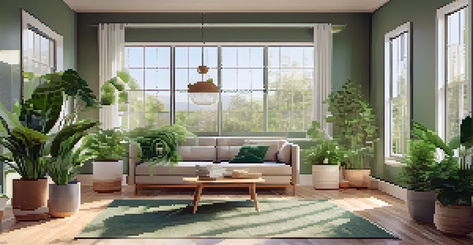 A cozy indoor space filled with various plants, sunlight streaming through a window, and a minimalist design.