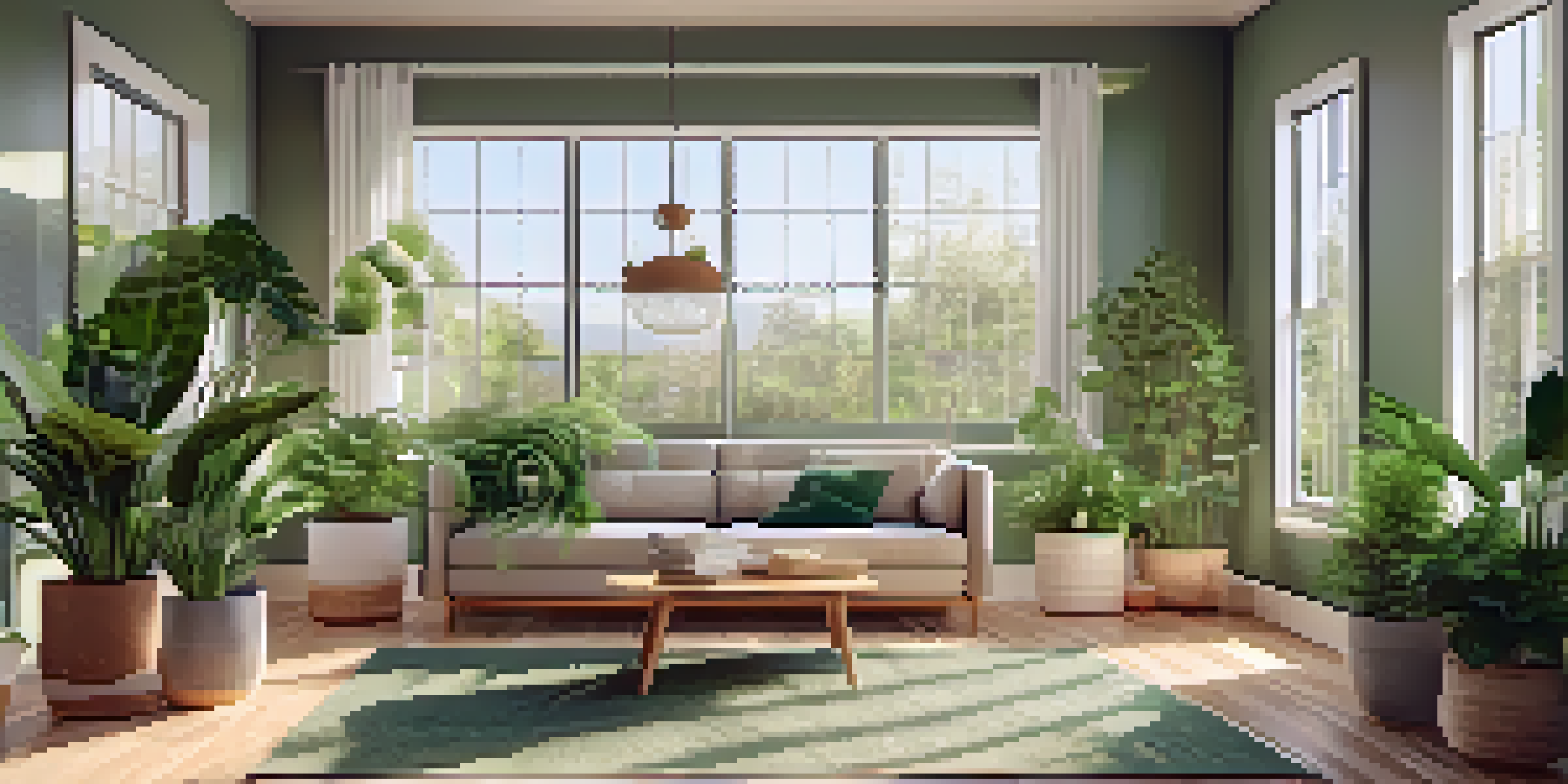 A cozy indoor space filled with various plants, sunlight streaming through a window, and a minimalist design.