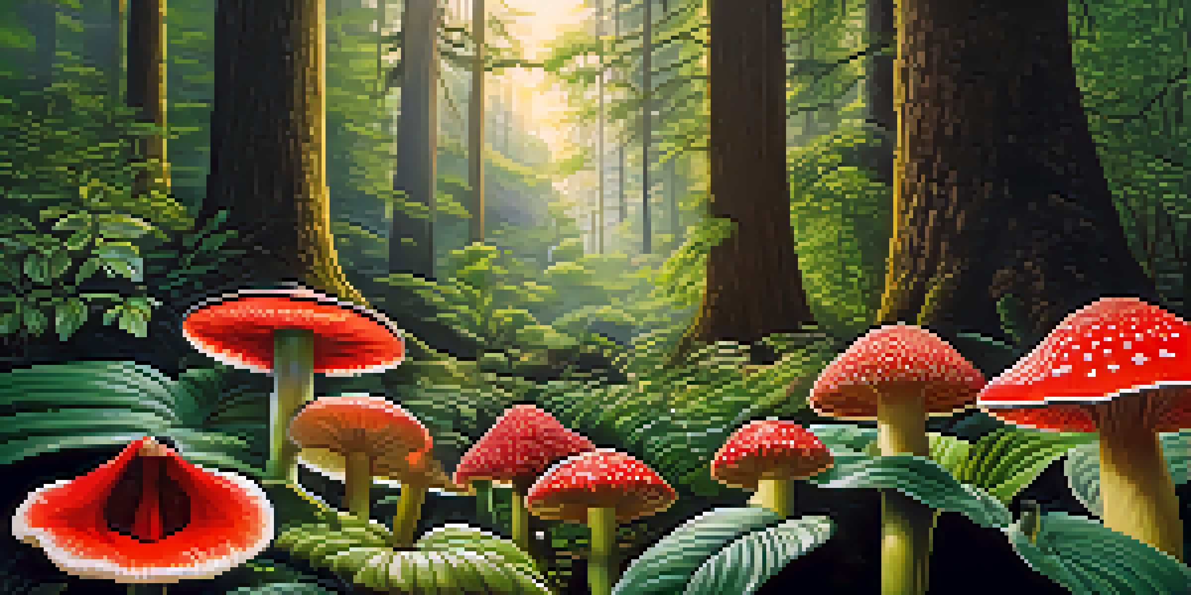 A peaceful forest scene with diverse endangered plants, including the large flower of Rafflesia arnoldii, surrounded by green trees and soft sunlight.