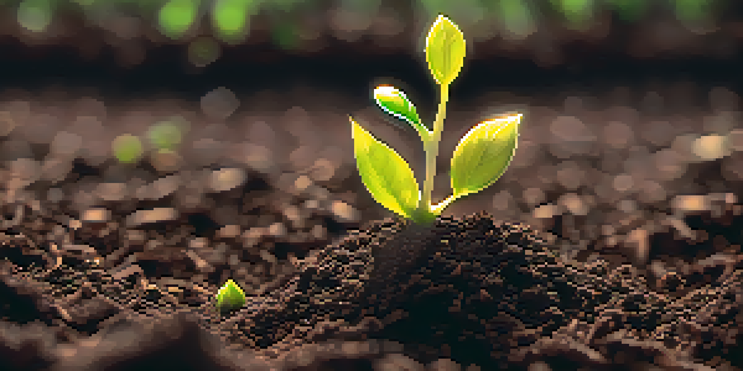 A seed sprouting in soil with roots growing downwards and a green shoot reaching upwards towards light.