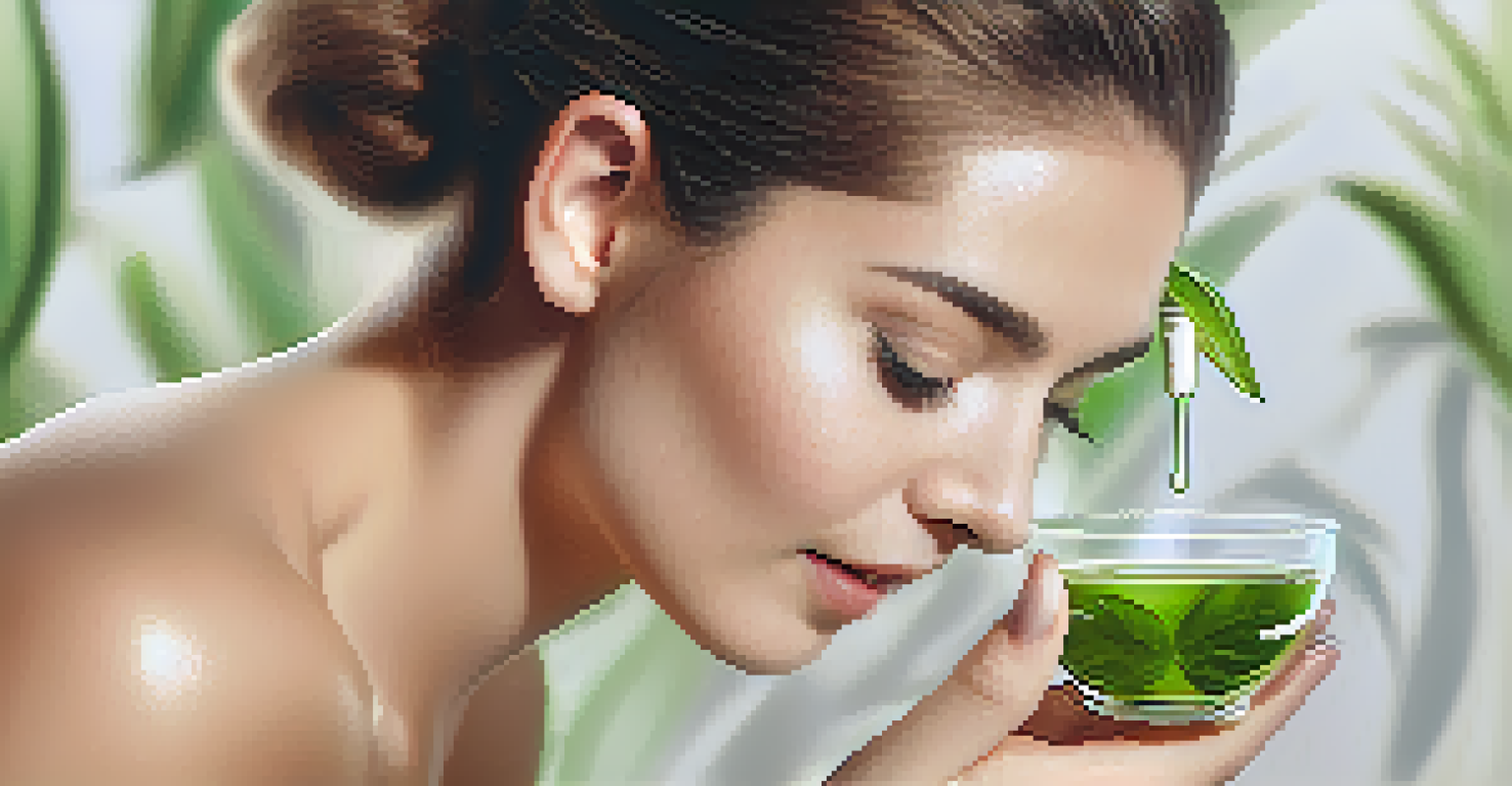 A close-up of hands applying a serum to a glowing face, highlighting healthy skin and the product's texture.