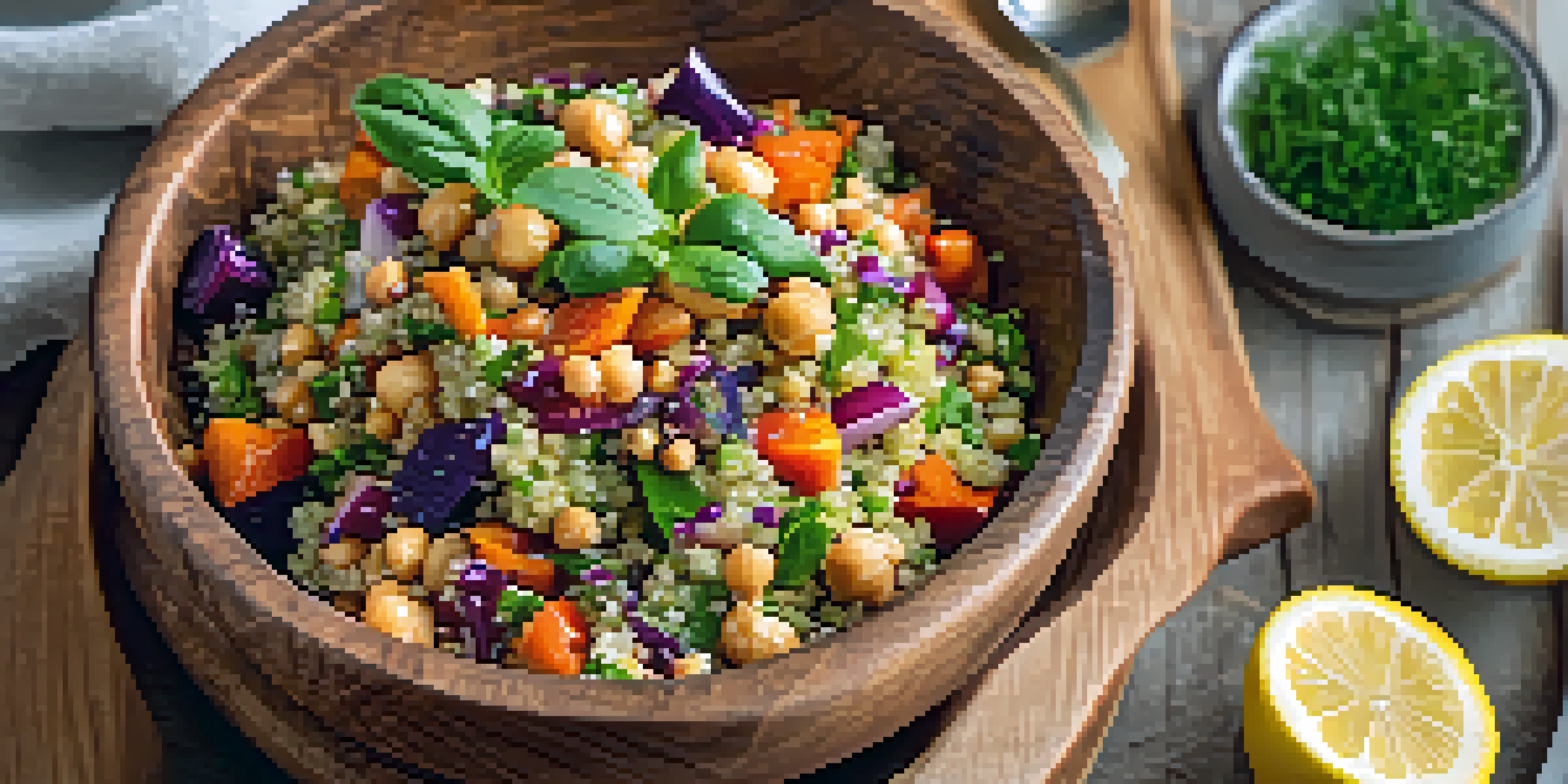 A colorful quinoa salad with roasted vegetables and chickpeas in a wooden bowl on a table.