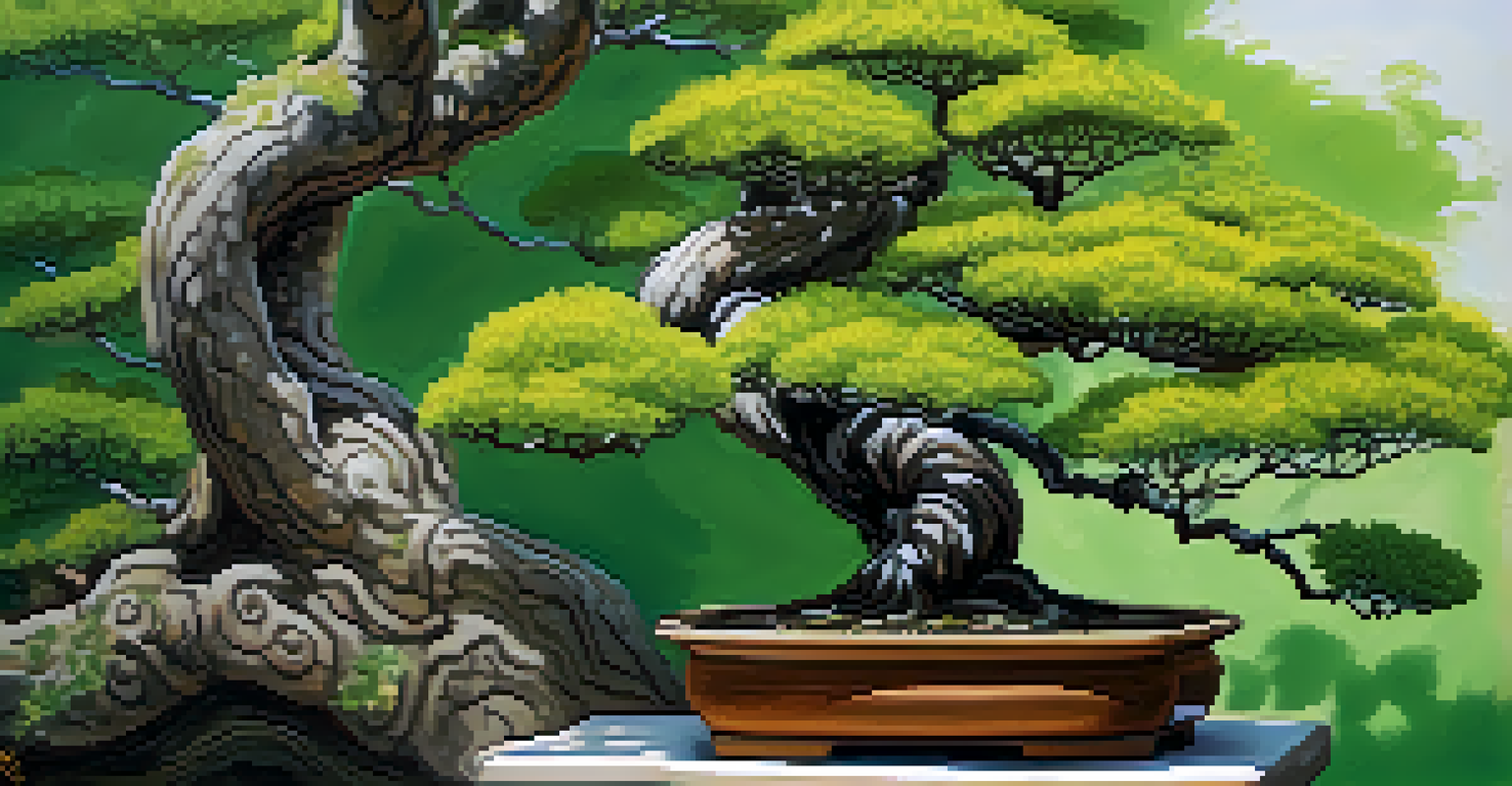 A close-up of a bonsai tree showcasing its detailed trunk and lush foliage in an Asian garden.