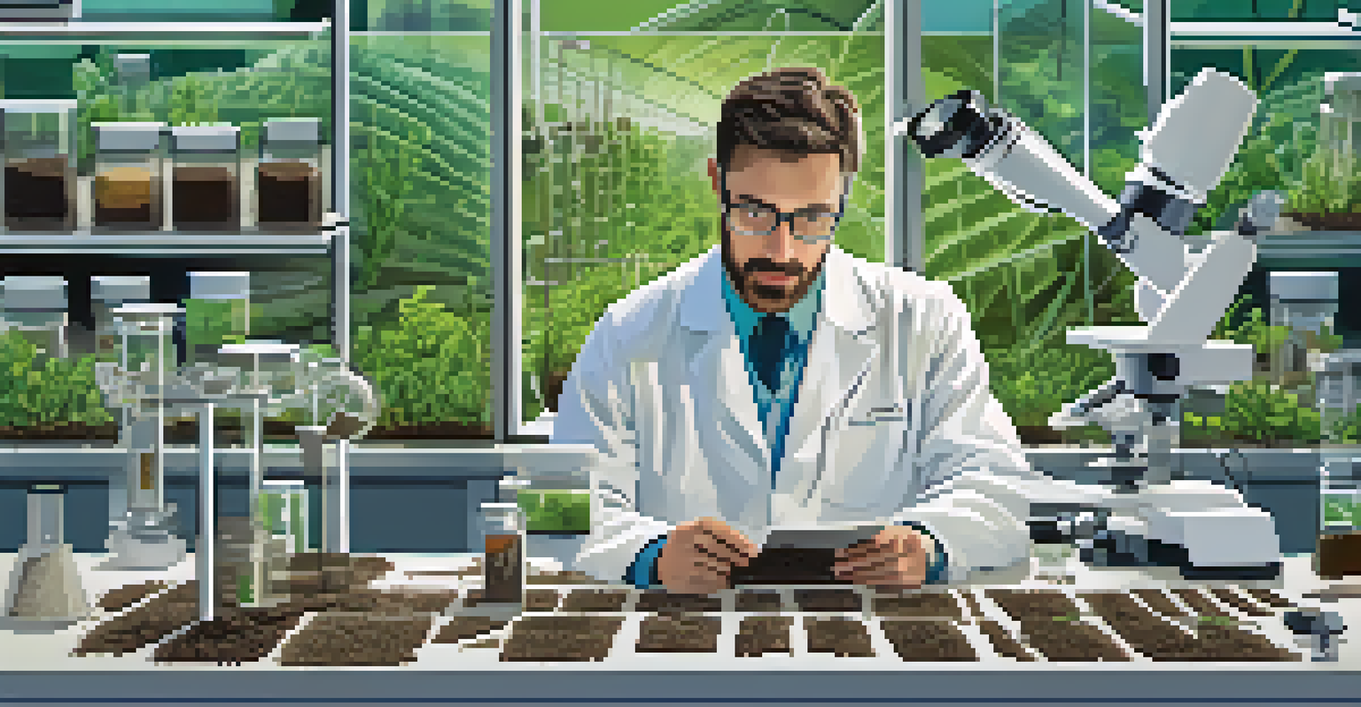 Scientist examining soil samples under a microscope with graphics of nanoparticles.
