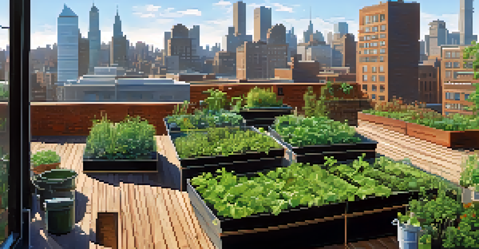 An urban rooftop garden with vegetables and herbs being tended by a gardener against a blue sky and city buildings.