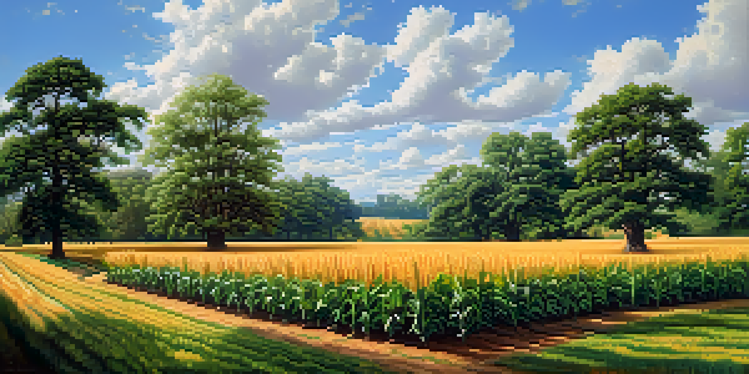 A colorful landscape of agroforestry with tall trees and green crops, under a clear blue sky.