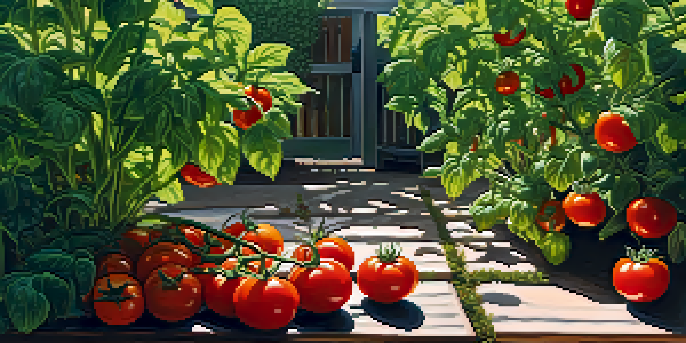 A garden filled with tomato plants and basil, with ripe tomatoes and green basil leaves, illuminated by sunlight.