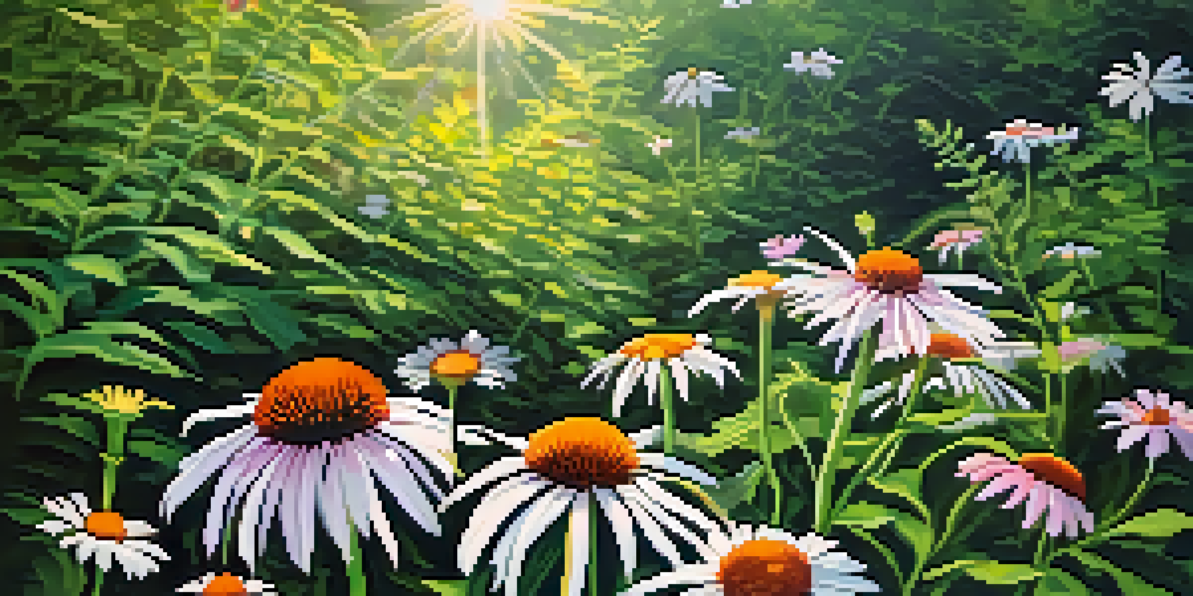 A peaceful herbal garden showcasing colorful plants like echinacea, ginger, and chamomile under soft sunlight.