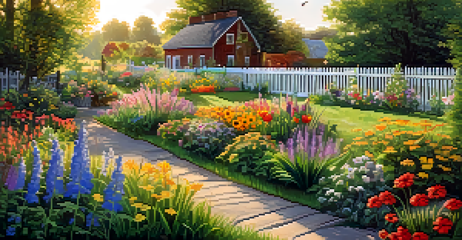 A rural backyard garden with various flowers, a wooden fence, and a butterfly in sunlight.