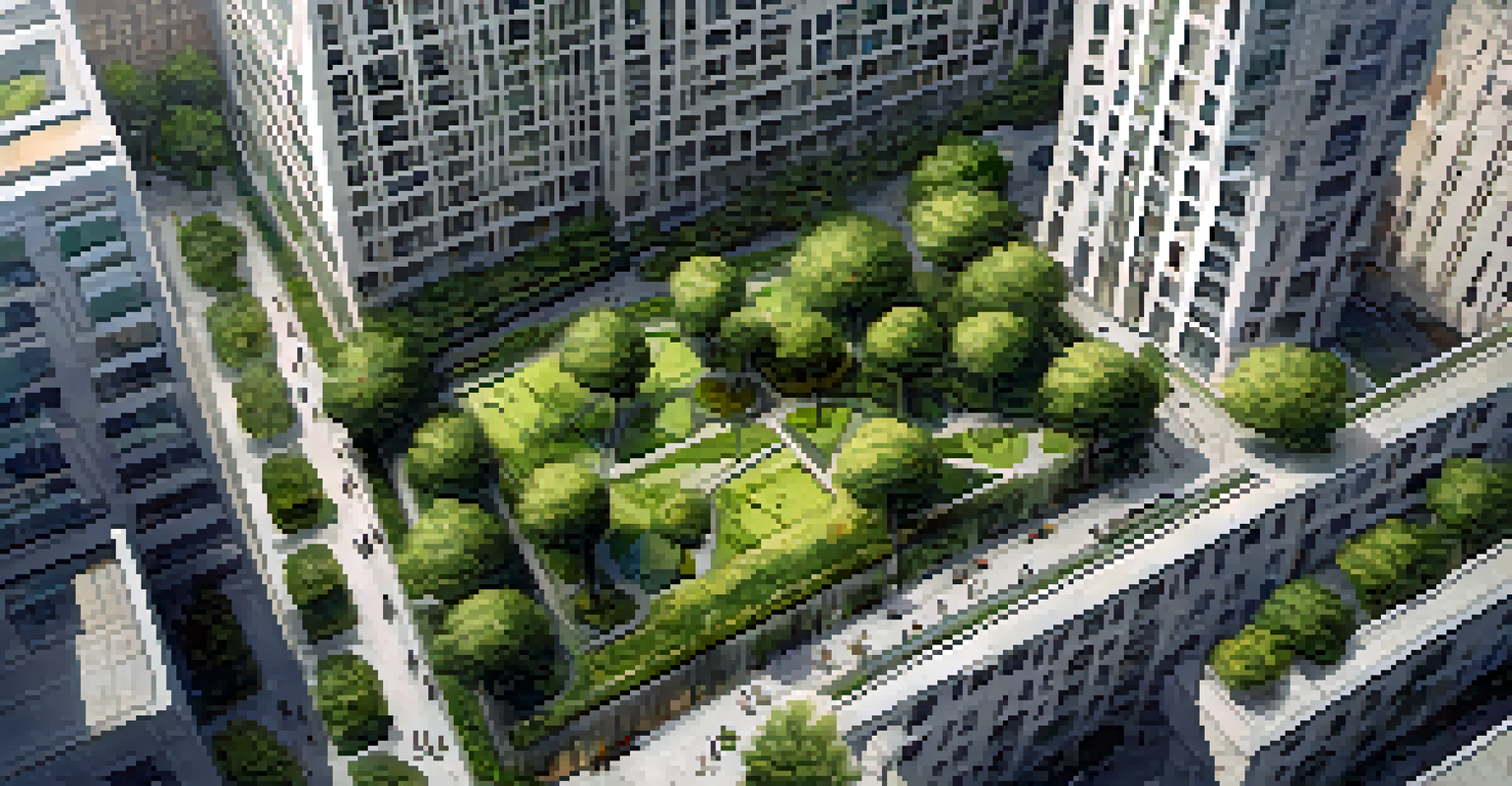 An aerial view of a city block featuring green trees and gardens interspersed among buildings, showcasing urban planning with nature.