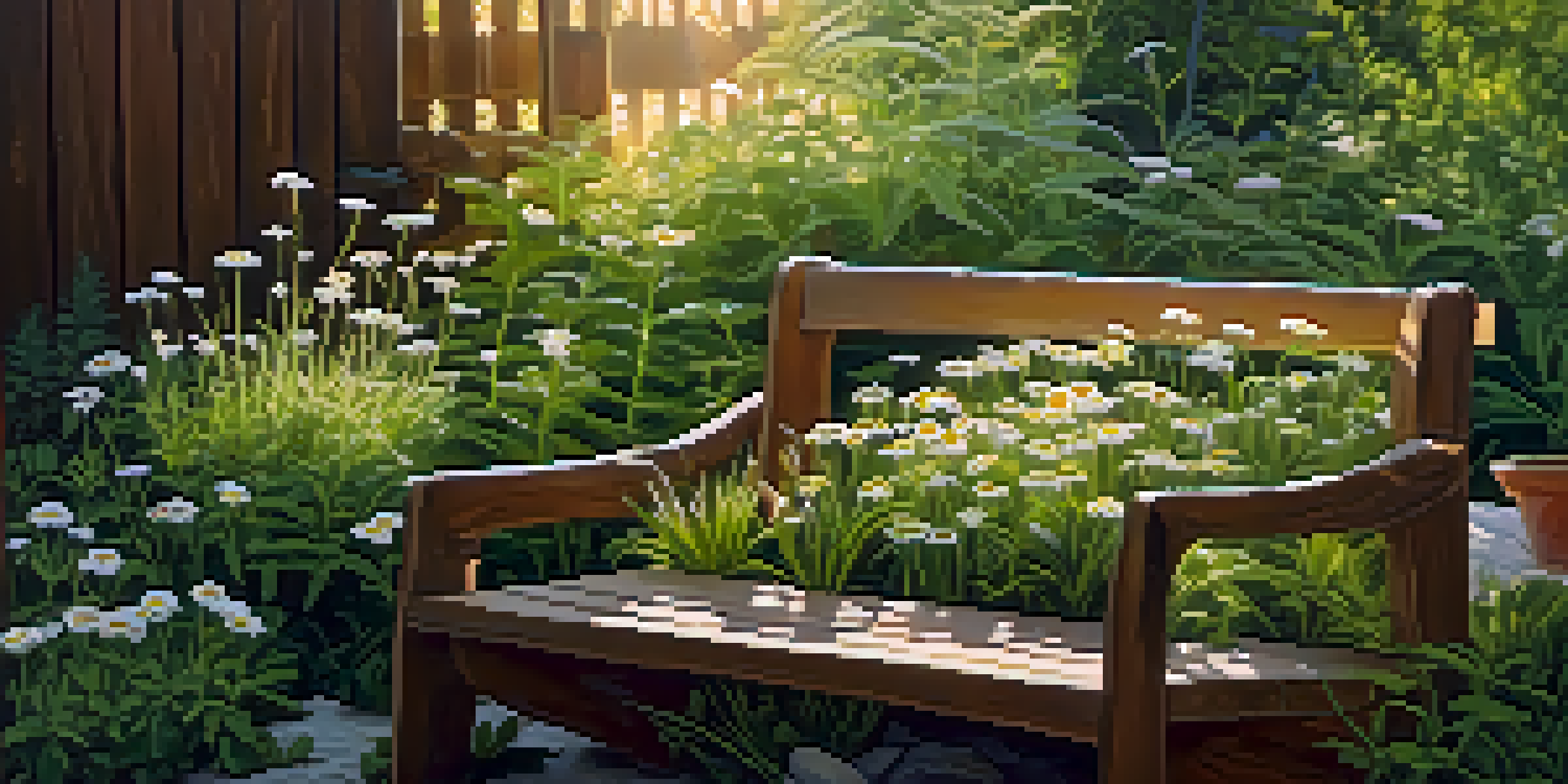 A peaceful herbal garden with chamomile, ginger, and peppermint plants, illuminated by soft sunlight, featuring a wooden bench.