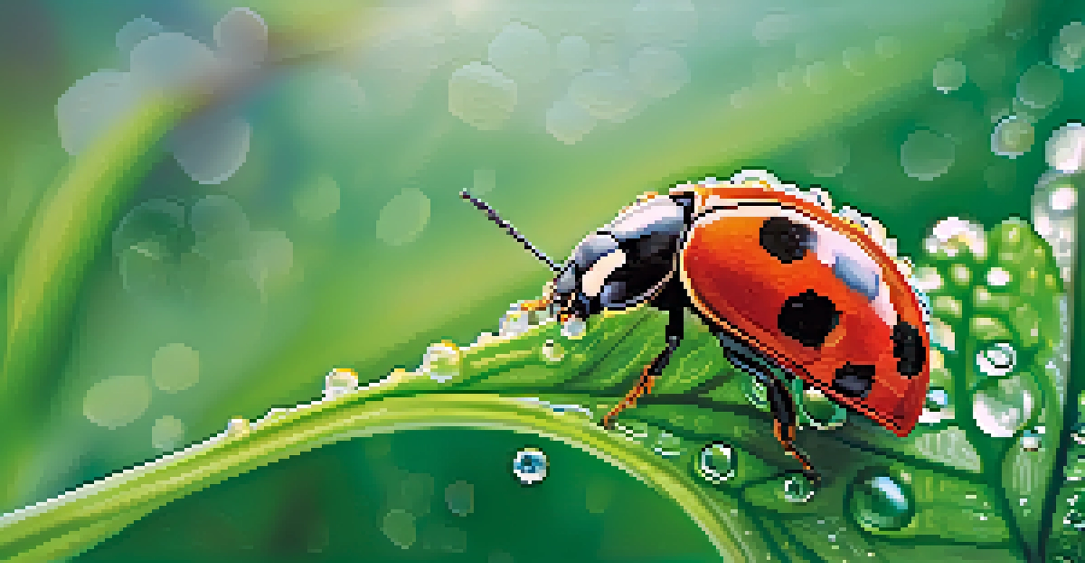 A close-up of a healthy green plant covered in dew drops, with beneficial insects like ladybugs and bees in the blurred background.