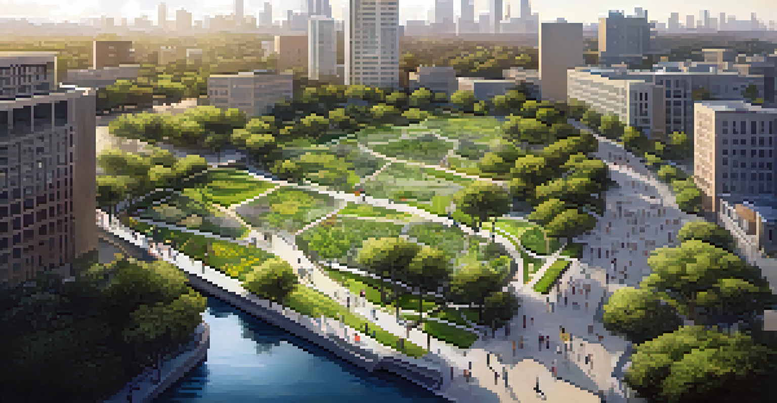 A city park from above, showcasing green spaces, walking paths, and diverse plant life in an urban setting.