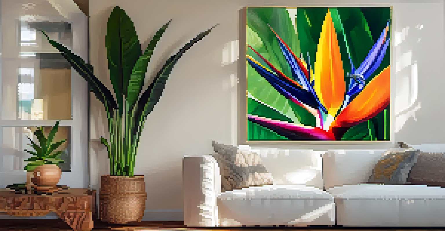 A close-up of a Bird of Paradise plant with bold leaves and vibrant flowers, set in a cozy living room.