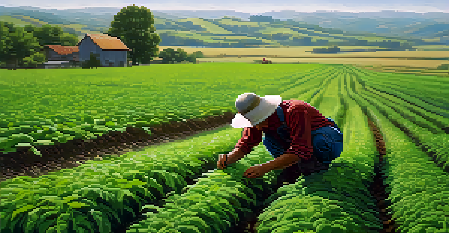 A farmer planting cover crops in a green field, surrounded by healthy plants and a clear sky.