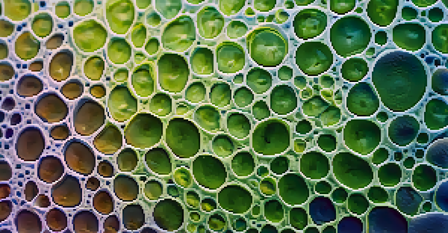 A microscopic view of microalgae cells highlighting their structures and colors.