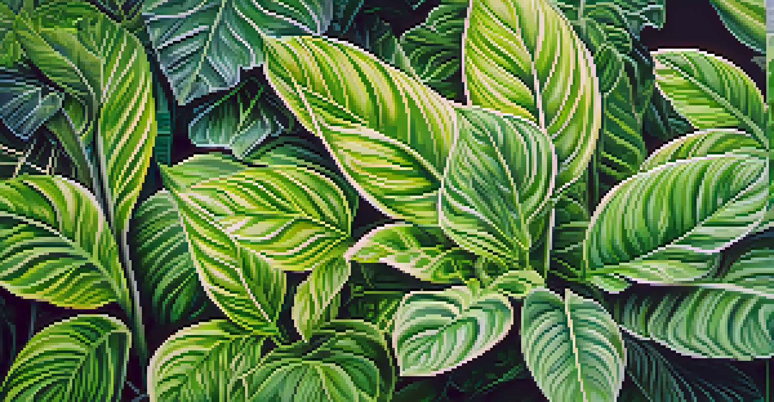 A close-up of a plant's leaves and flowers with detailed textures against a blurred forest background.