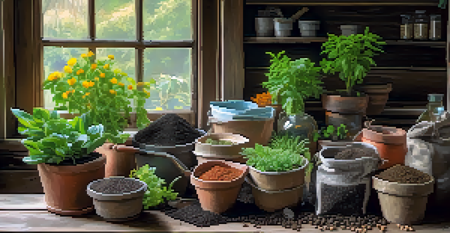 A rustic wooden table displaying different types of fertilizers and plant pots, with healthy indoor plants and soft light illuminating the scene.