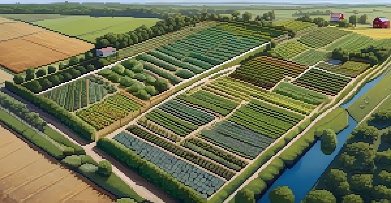 An aerial view of a permaculture farm with diverse crops and natural areas, demonstrating the importance of biodiversity.