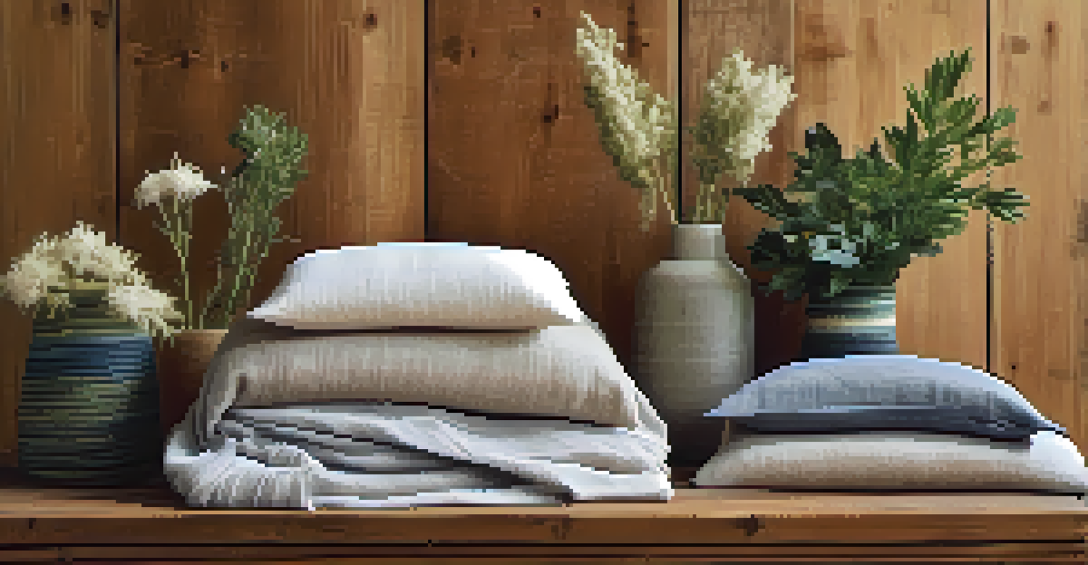 An artistic display of plant-based textiles like bamboo and linen on a wooden background, surrounded by plants and flowers.