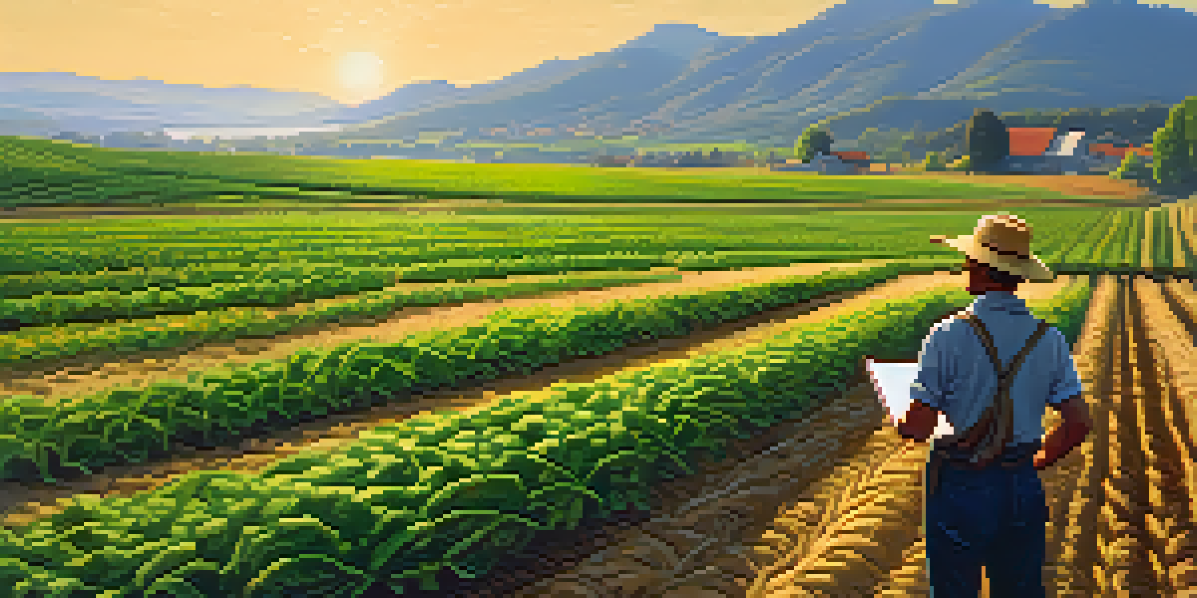 A farmer inspecting vibrant green crops in a picturesque farm landscape with mountains in the background under a clear blue sky.