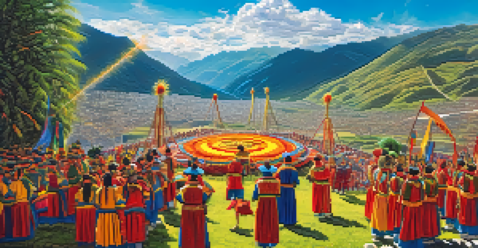 Participants in traditional Inca costumes celebrating Inti Raymi festival, surrounded by sacred plants and mountains under a bright sun.